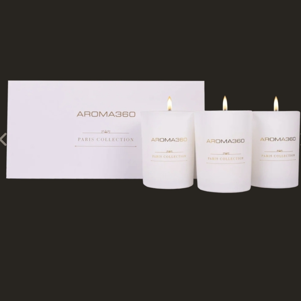 NIB Aroma360 Paris Collection Set of 3 White Scented Candles
